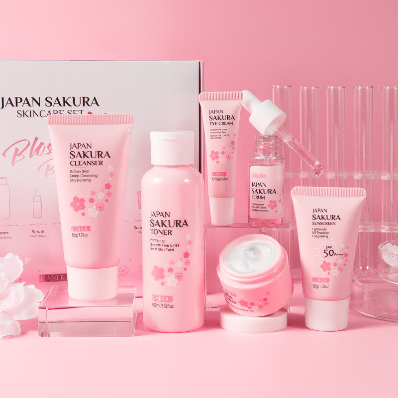What's in the box — all six Cherry Blossom skincare products with the pink gift box