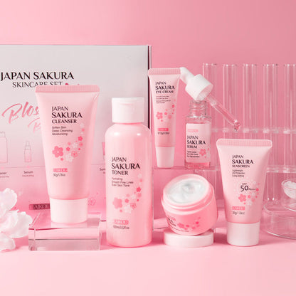 What's in the box — all six Cherry Blossom skincare products with the pink gift box