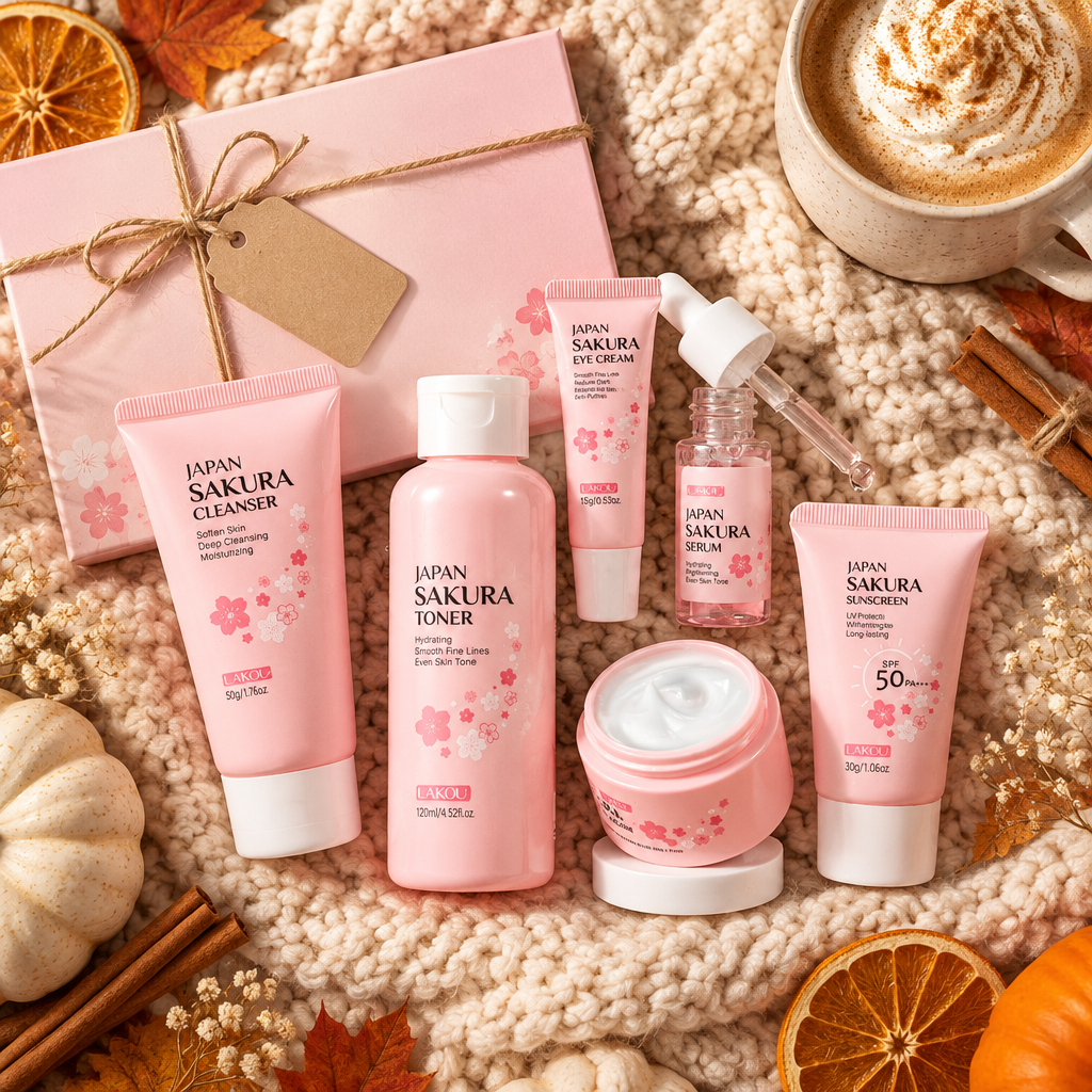 Cherry Blossom skincare gift set unboxed in a cozy autumn flat lay with knit blanket and gift tag