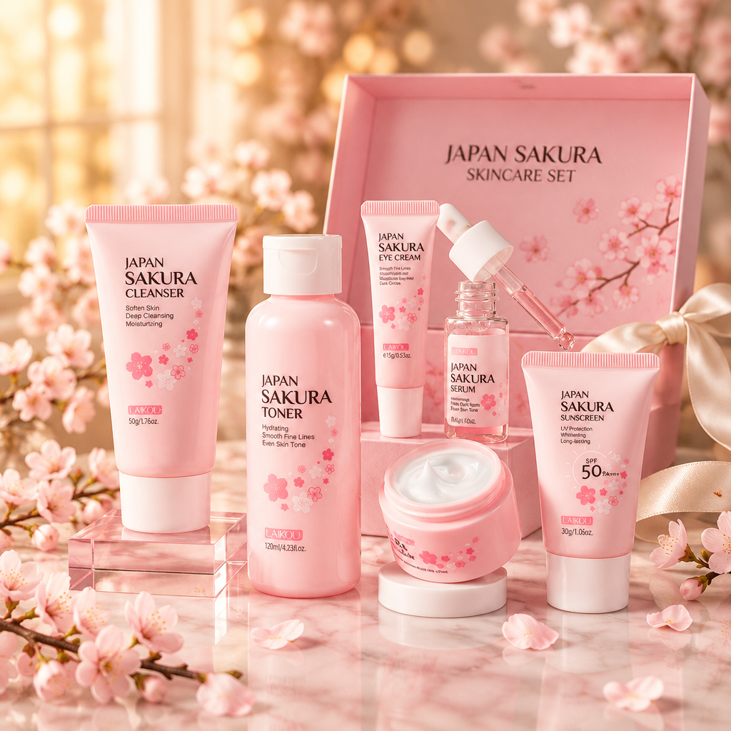 Cherry Blossom 6-Piece Skincare Gift Set styled on pink marble with cherry blossom petals and gift box