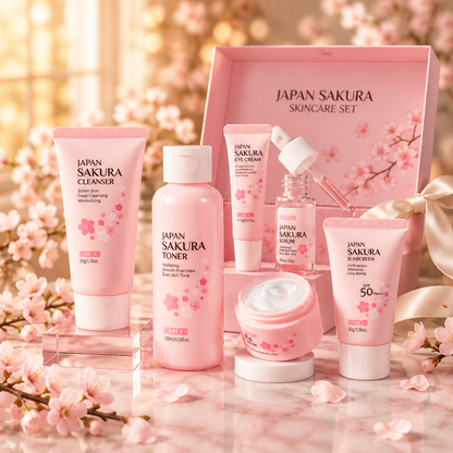 Cherry Blossom 6-Piece Skincare Gift Set styled on pink marble with cherry blossom petals and gift box