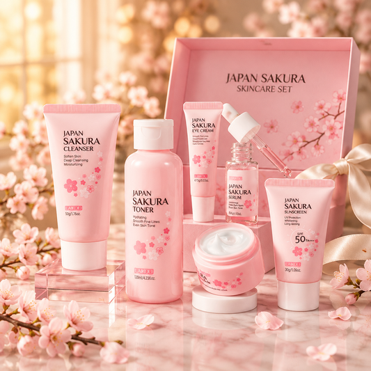 Cherry Blossom 6-Piece Skincare Gift Set styled on pink marble with cherry blossom petals and gift box