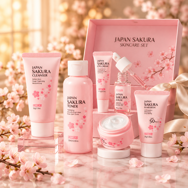 Cherry Blossom 6-Piece Skincare Gift Set styled on pink marble with cherry blossom petals and gift box