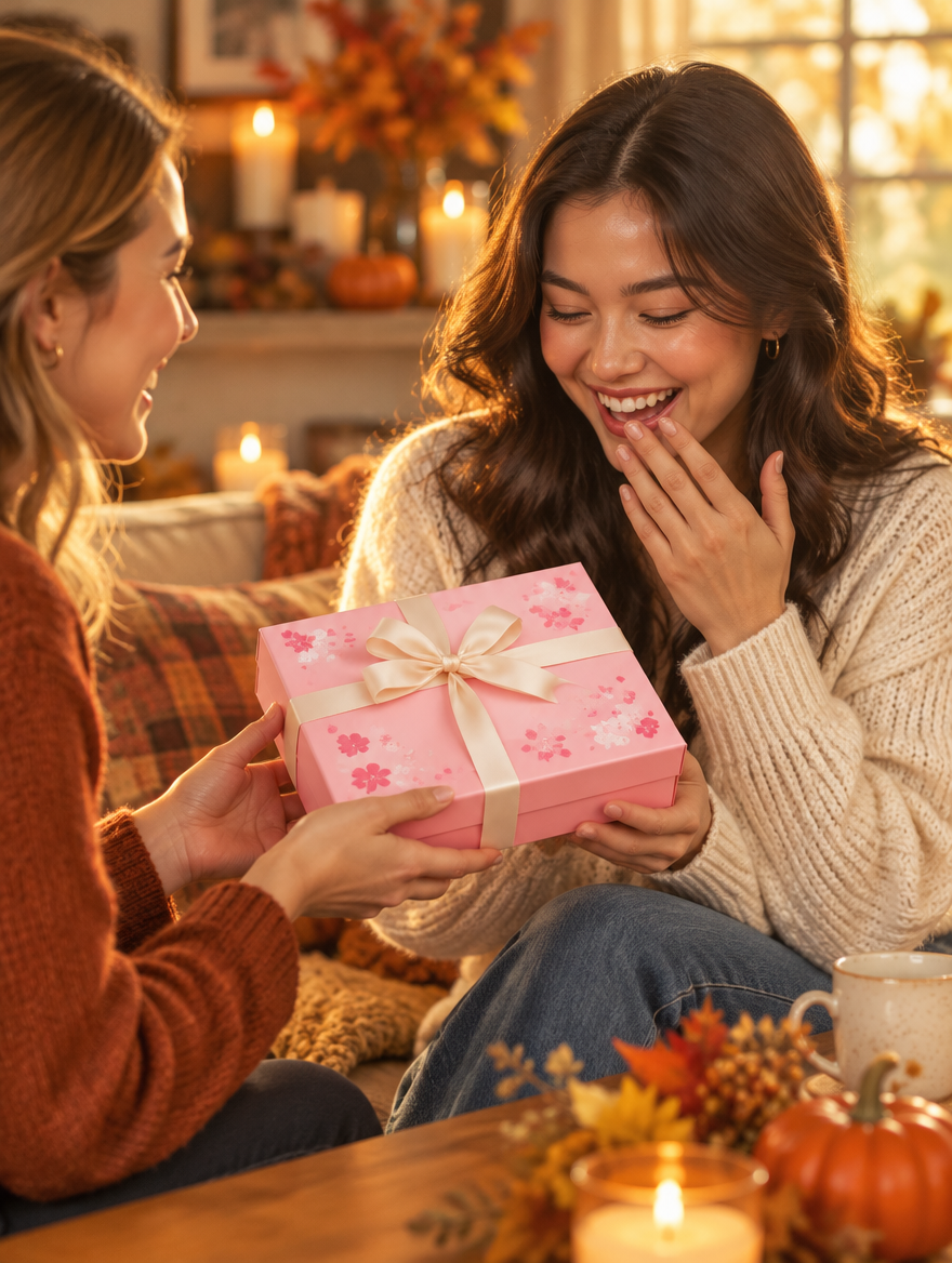 Friend receiving the Cherry Blossom skincare gift set at a Thanksgiving gathering