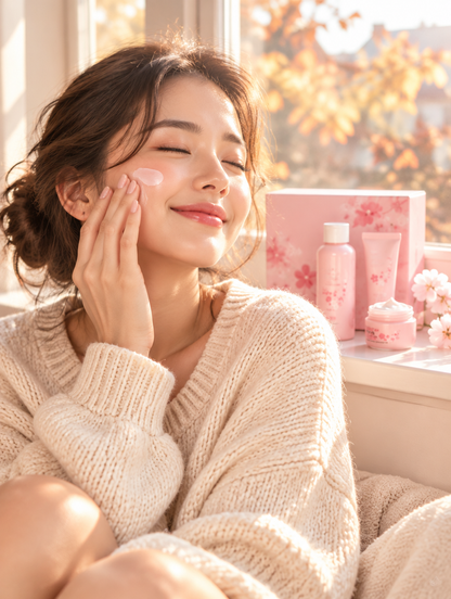 Woman applying cherry blossom moisturizing cream by a sunlit window