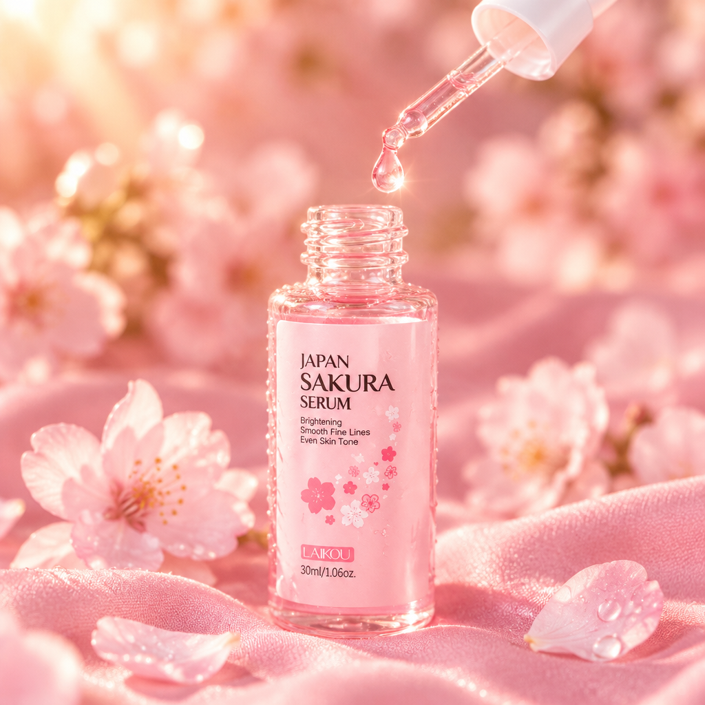 Close-up of the cherry blossom brightening serum dropper with a single drop