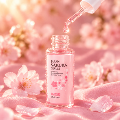 Close-up of the cherry blossom brightening serum dropper with a single drop