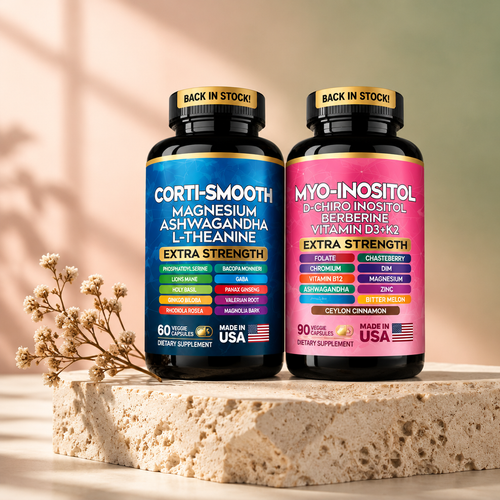 Calm & Balance Daily Duo — morning and evening supplement bottles on a stone pedestal