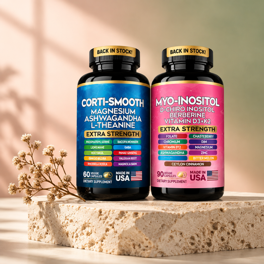 Calm & Balance Daily Duo — morning and evening supplement bottles on a stone pedestal