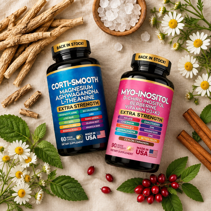 Ingredient flat-lay with ashwagandha root, chamomile and cinnamon
