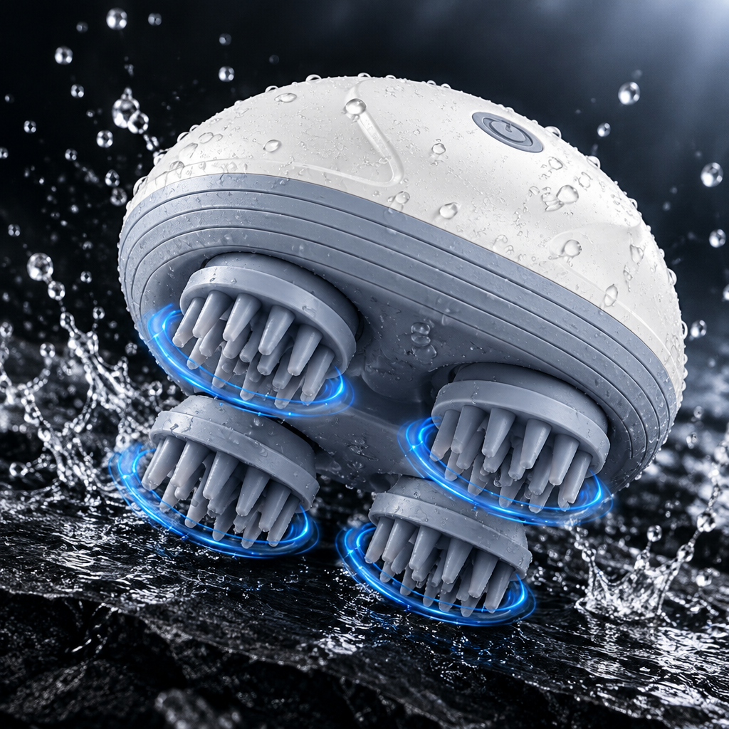 Four rotating massage heads, shower-safe design