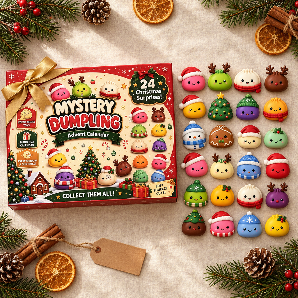 Flat lay of the 24-day advent calendar with mini holiday squishies