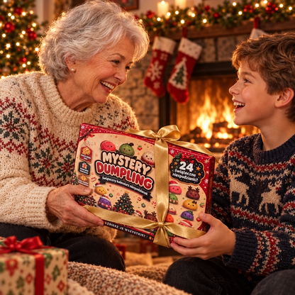 Grandmother gifting the advent calendar to her grandson by the fireplace