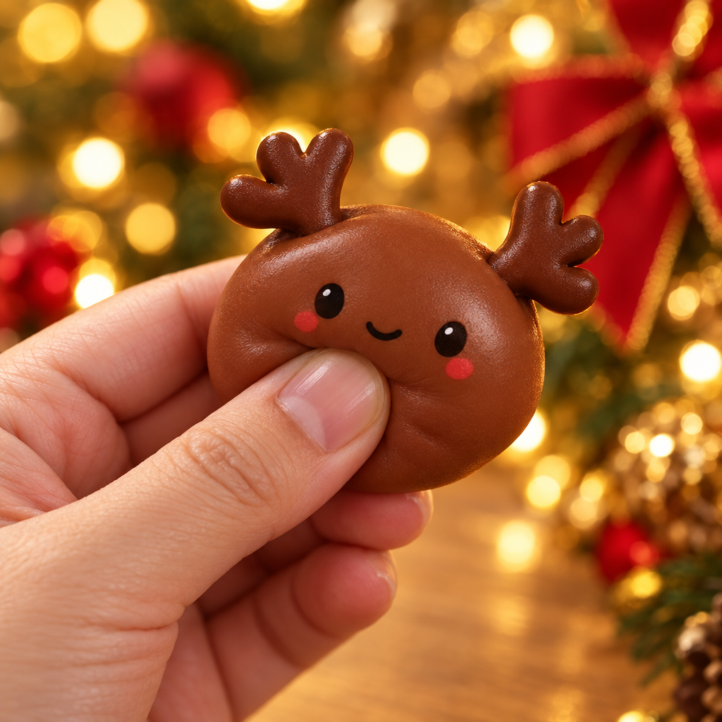 Close-up of a hand squeezing a soft reindeer dumpling squishy