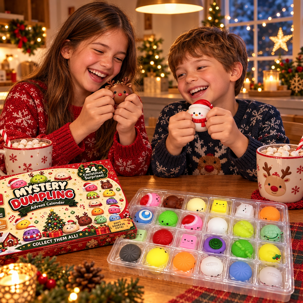 Siblings with hot cocoa opening a daily surprise