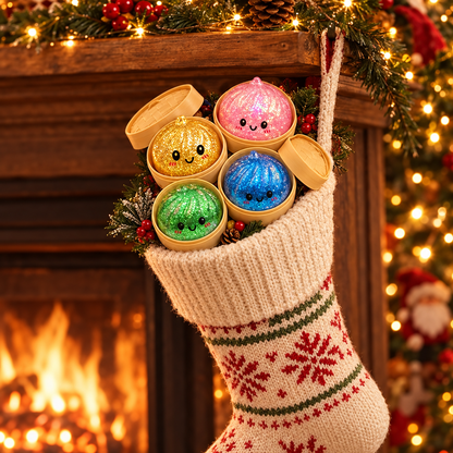 Christmas stocking filled with glitter dumpling squishies