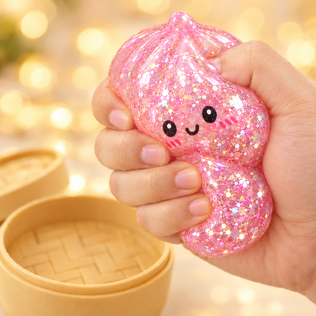 Hand squeezing a pink glitter dumpling squishy
