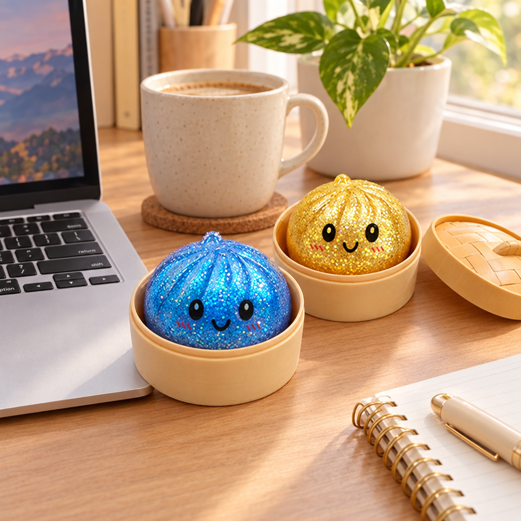 Glitter dumpling squishies on a home office desk