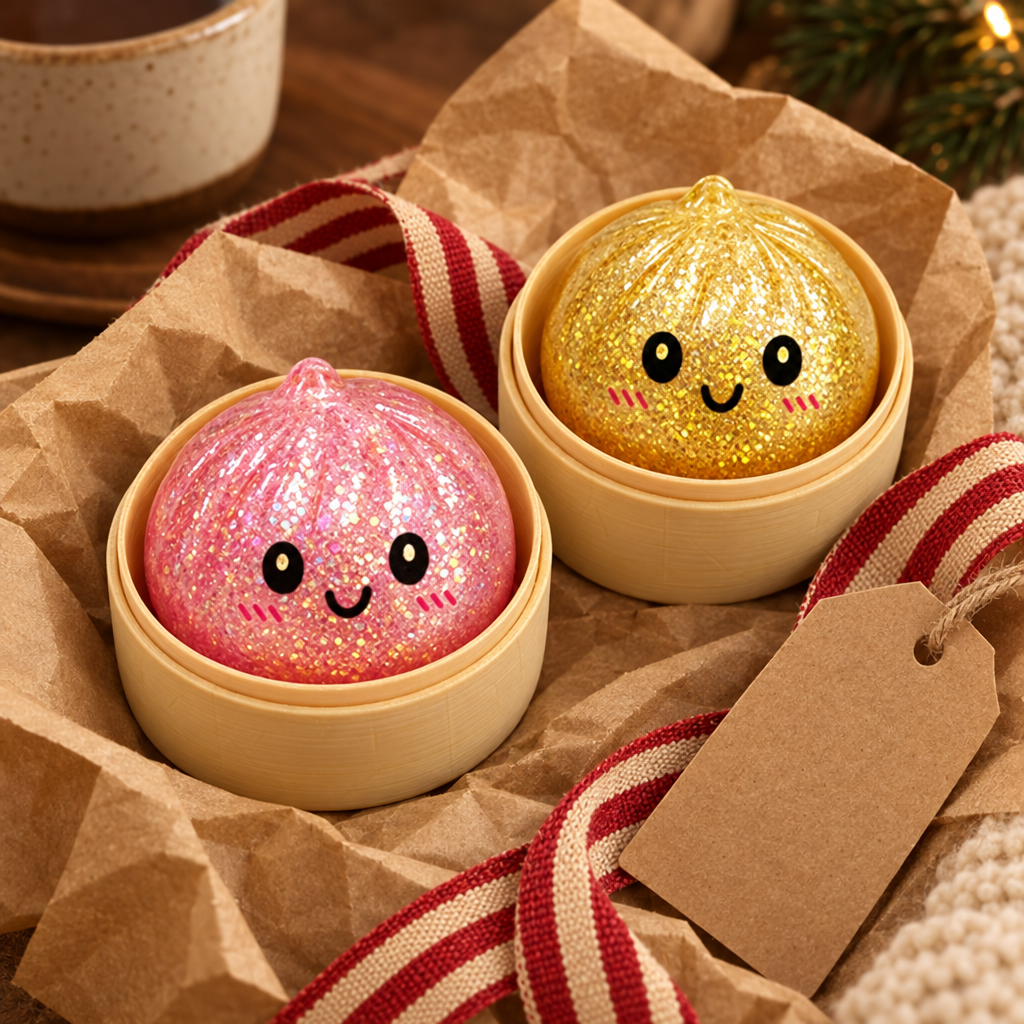 Two glitter dumpling squishies wrapped as a stocking stuffer