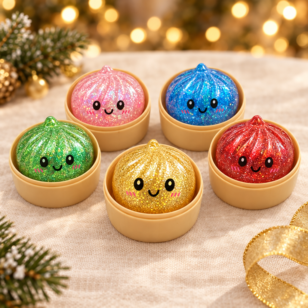 Five glitter dumpling squishies in steamer baskets