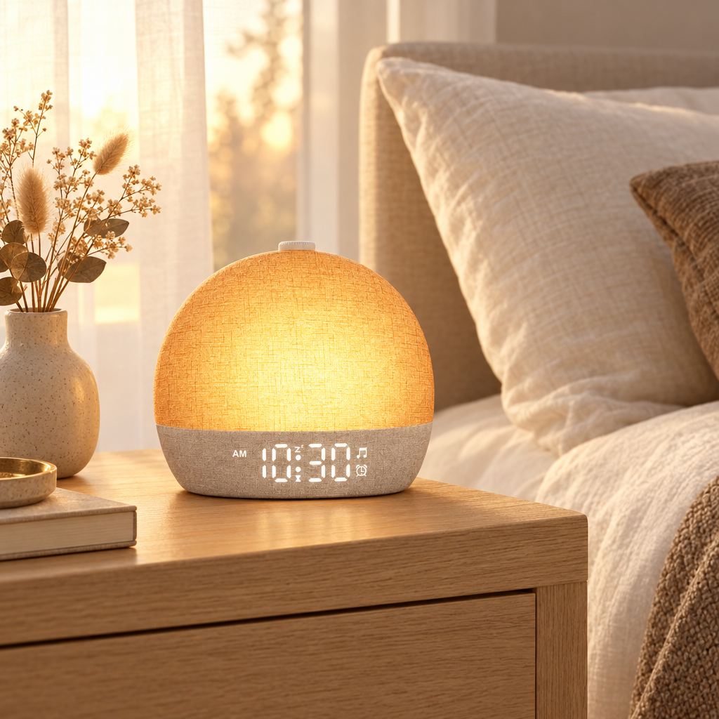 Sunrise alarm clock glowing on a nightstand