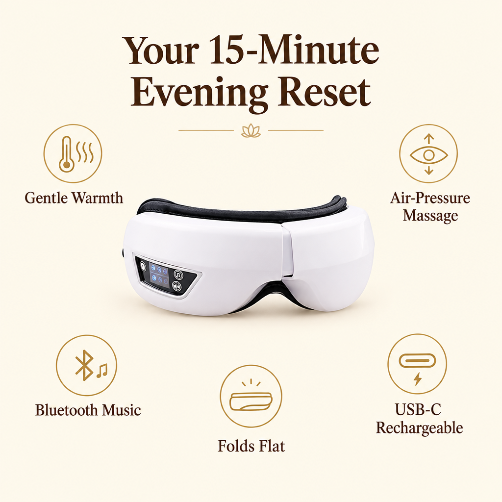 Heated eye massager features