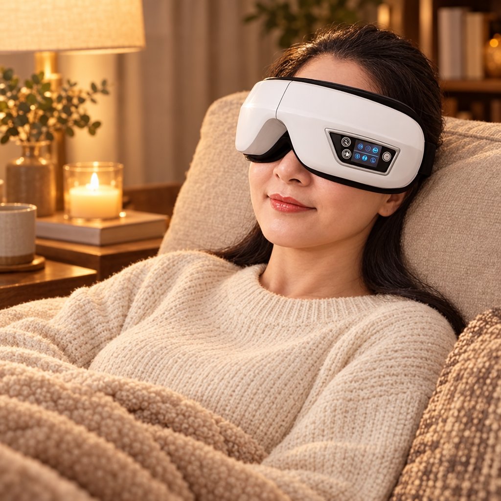 Woman relaxing on the sofa with the heated eye massager