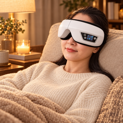 Woman relaxing on the sofa with the heated eye massager