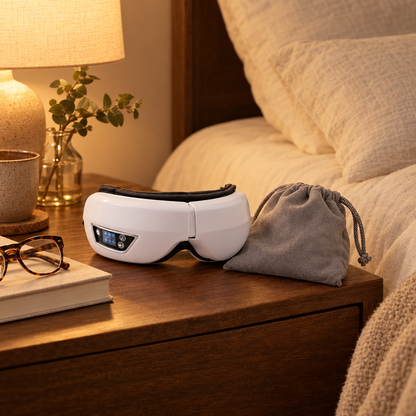 Folded eye massager with storage pouch