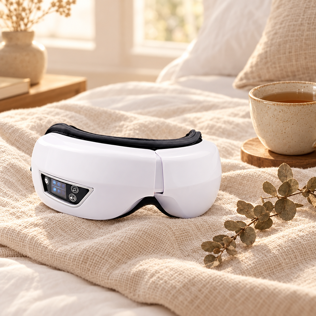 Heated eye massager on cream linen