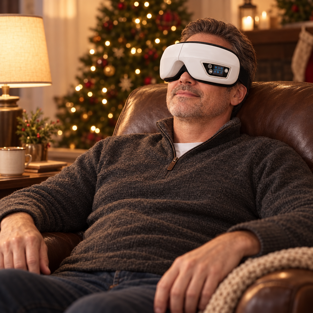 Man relaxing in an armchair with the heated eye massager