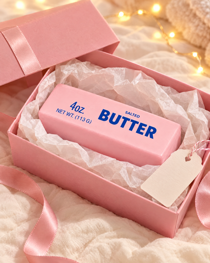 Pink butter stick squishy in a gift box