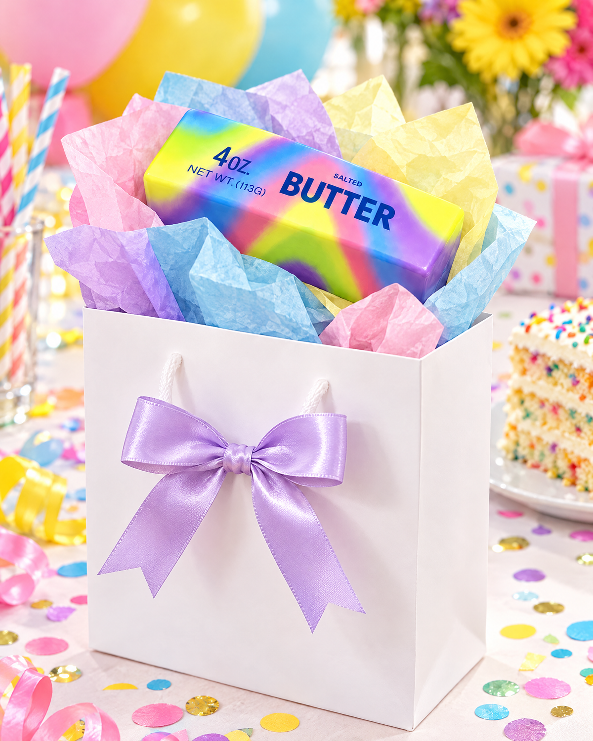 Rainbow butter stick squishy in a gift bag
