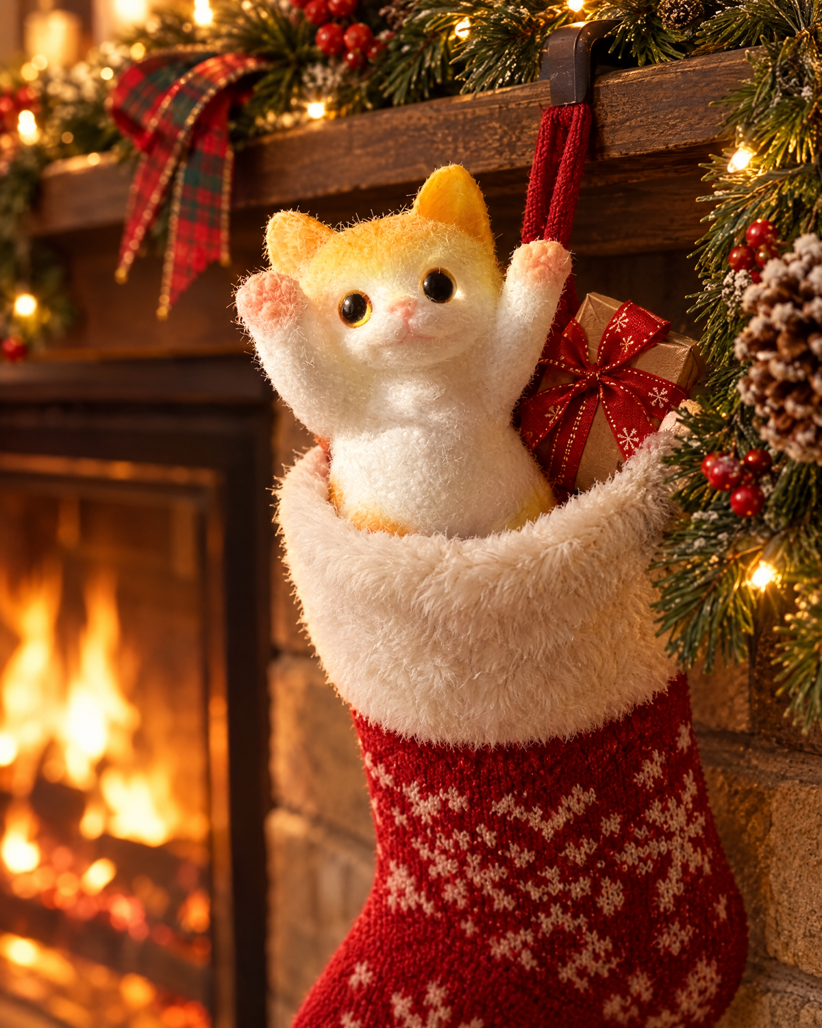 Fluffy ginger cat squishy in a Christmas stocking