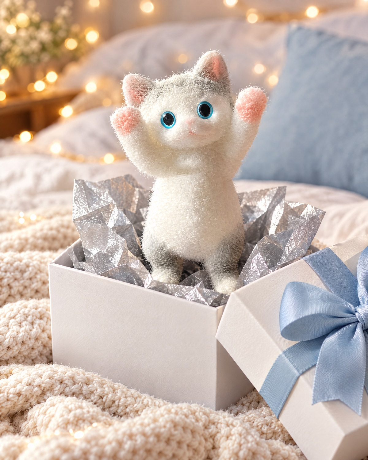 Fluffy grey cat squishy popping out of a gift box