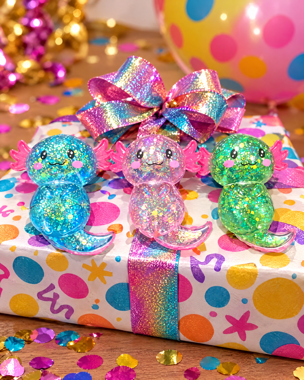 Glitter salamander squishies on a birthday present