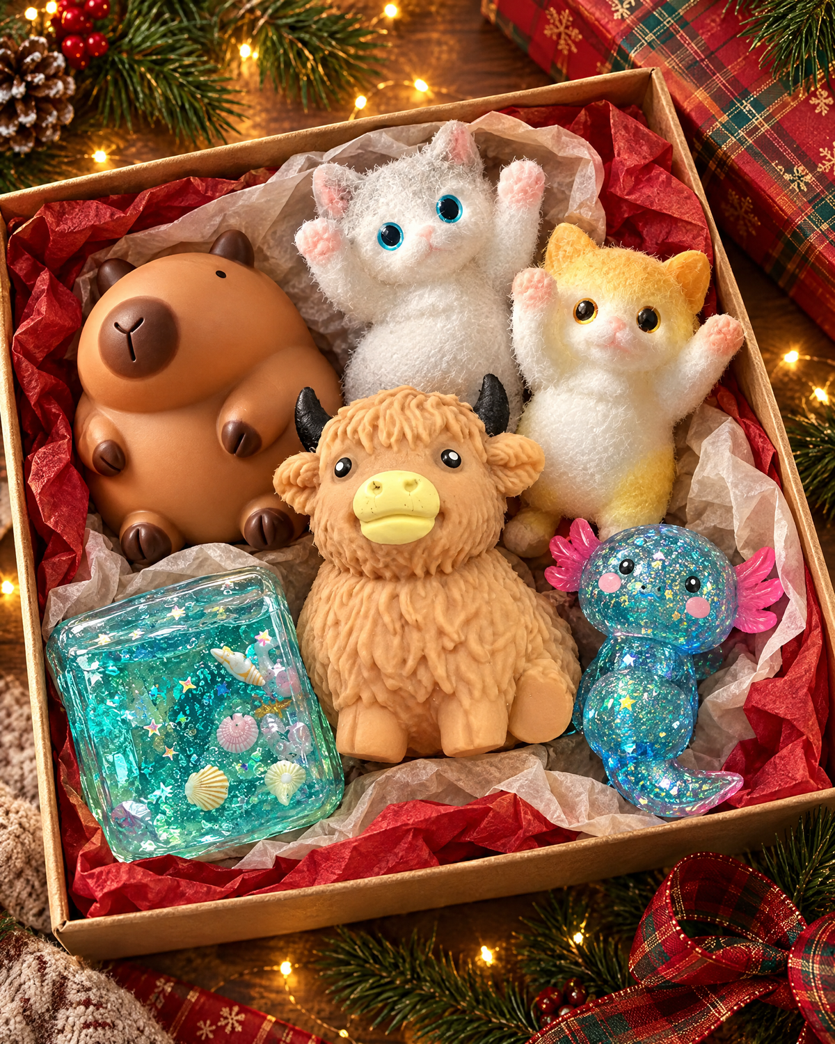 Squishy Friends collection with highland cow in a gift box
