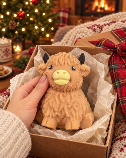 Highland cow squishy in a gift box