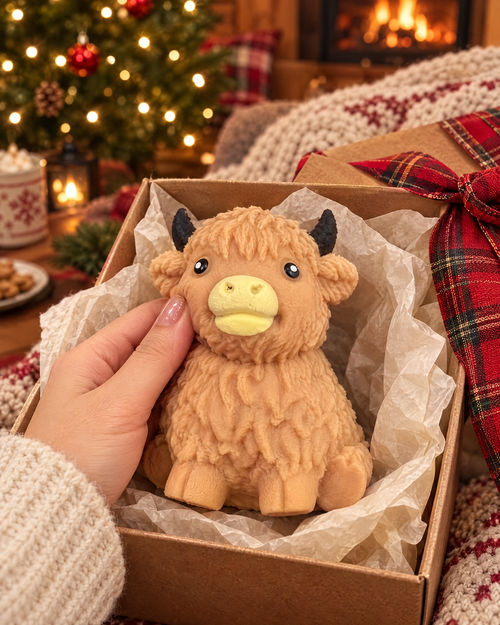 Highland cow squishy in a gift box